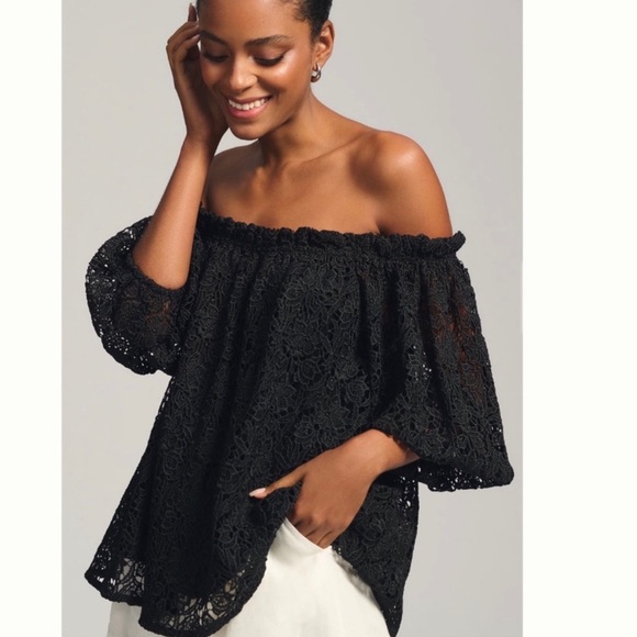 NWT Anthropologie Maeve Off-The-Shoulder Lace Relaxed fit Black Top Blouse S